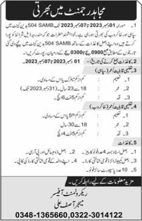 Join Pakistan Army Mujahid Regiment Jobs Announcement 2023