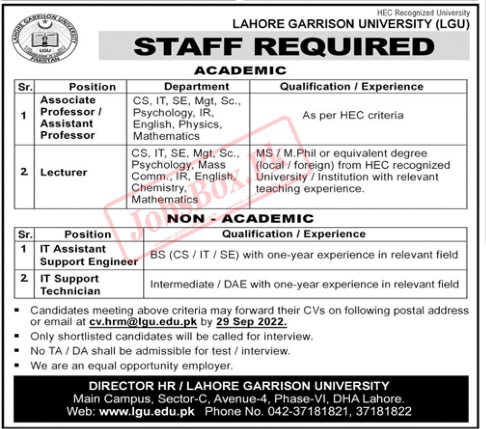 Lahore Garrison University LGU Jobs September 2022