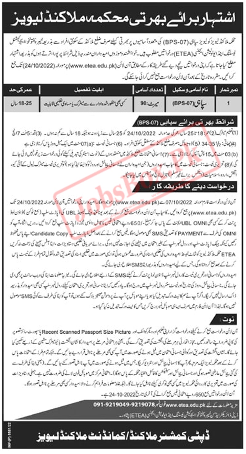 Levies Force Malakand Sipahi Jobs October 2022 | Fill Out Online ETEA Form