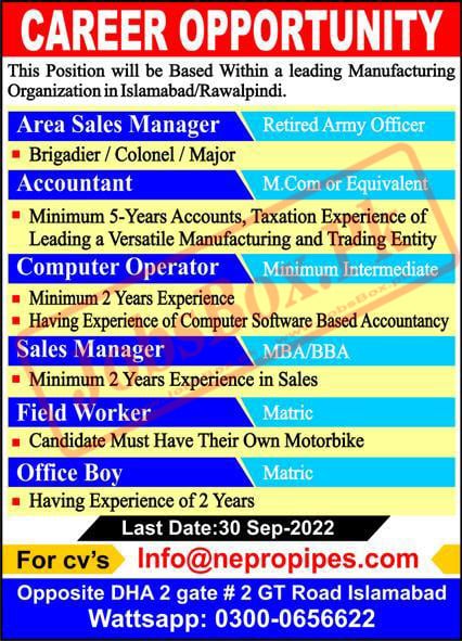 Manufacturing Organization Islamabad-Rawalpindi Jobs 2022