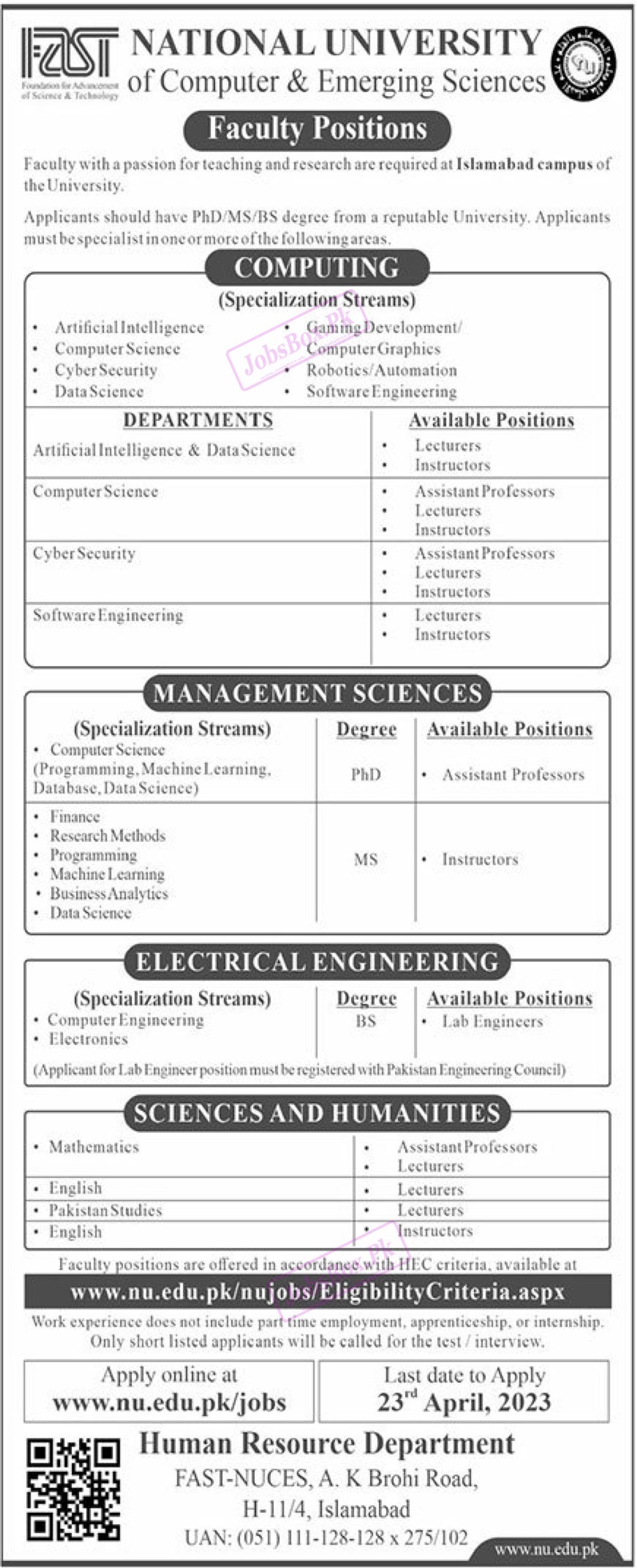 National University of Computer and Emerging Sciences Jobs 2023