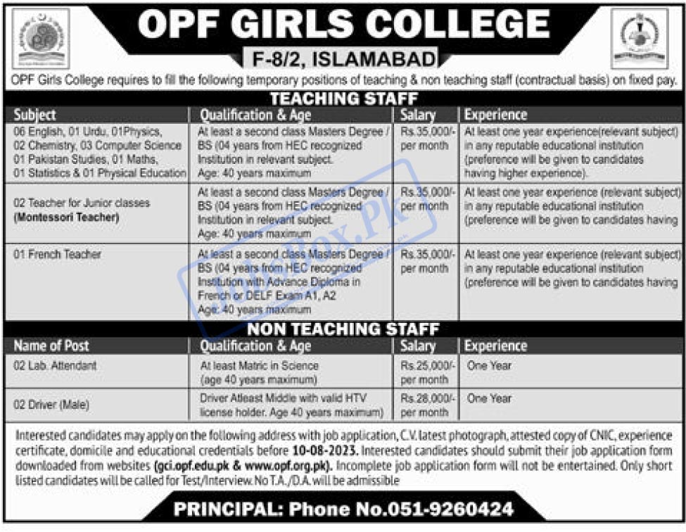 OPF Girls College Islamabad Jobs 2023 www.gci.opf.edu.pk