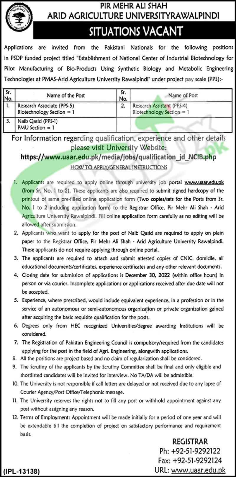 Pir Mehr Ali Shah ARID Agriculture University Rawalpindi Jobs 2022 Latest