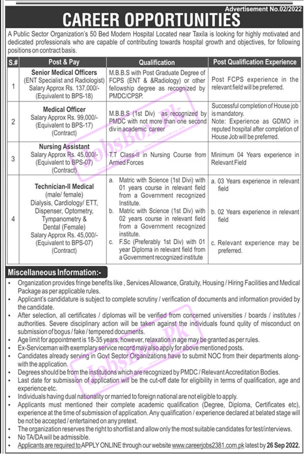 Public Sector Hospital Taxila Jobs 2022 Online Form Fill Out