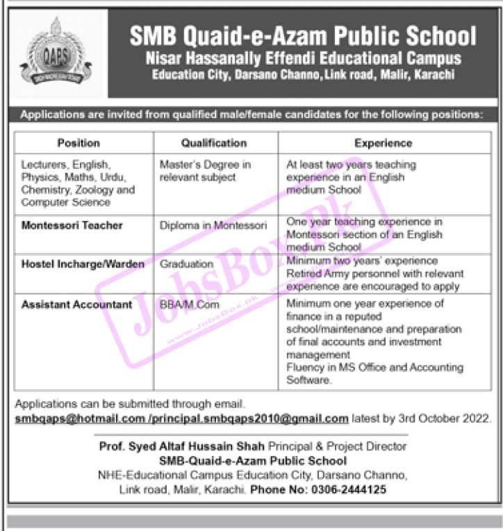 SMB Quaid E Azam Public School Darsano Chano Karachi Jobs 2022