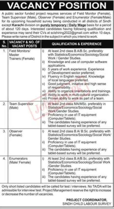 Sindh Child Labour Survey Jobs 2023 Send Online CVs