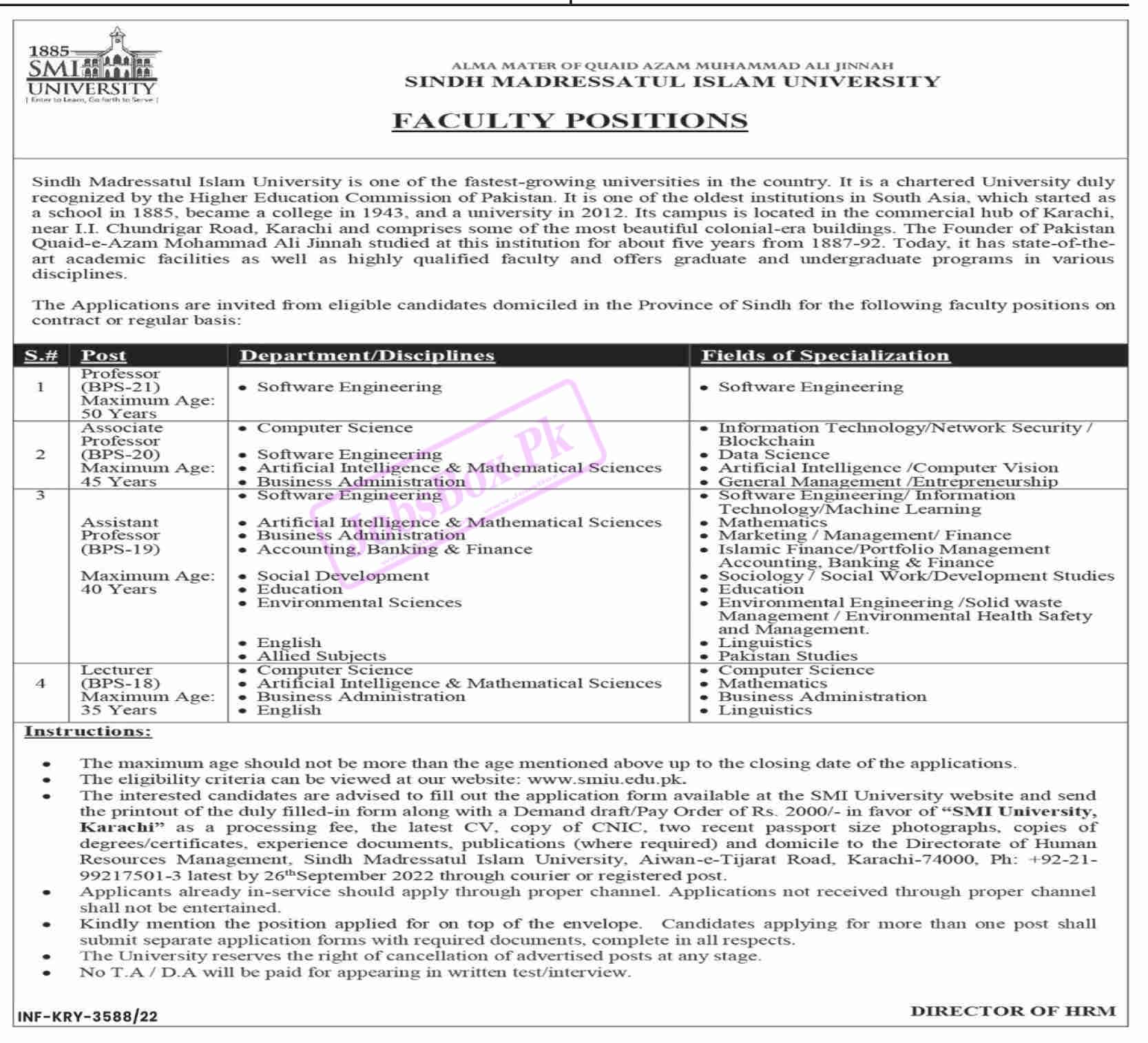 Sindh Madressatul Islam University Jobs 2022 