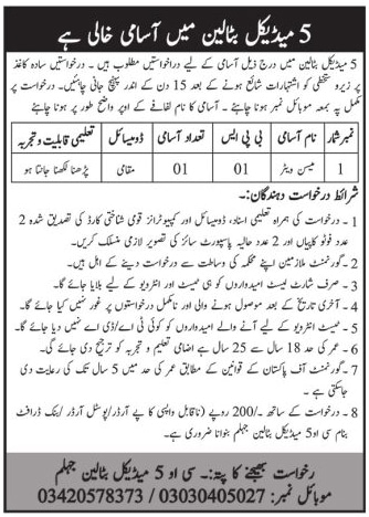 5 Medical Battalion Jhelum Mess Waiter Jobs 2022