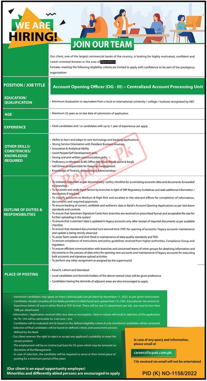 Account Opening Officers OG-III Jobs 2022 at Commercial Bank Karachi