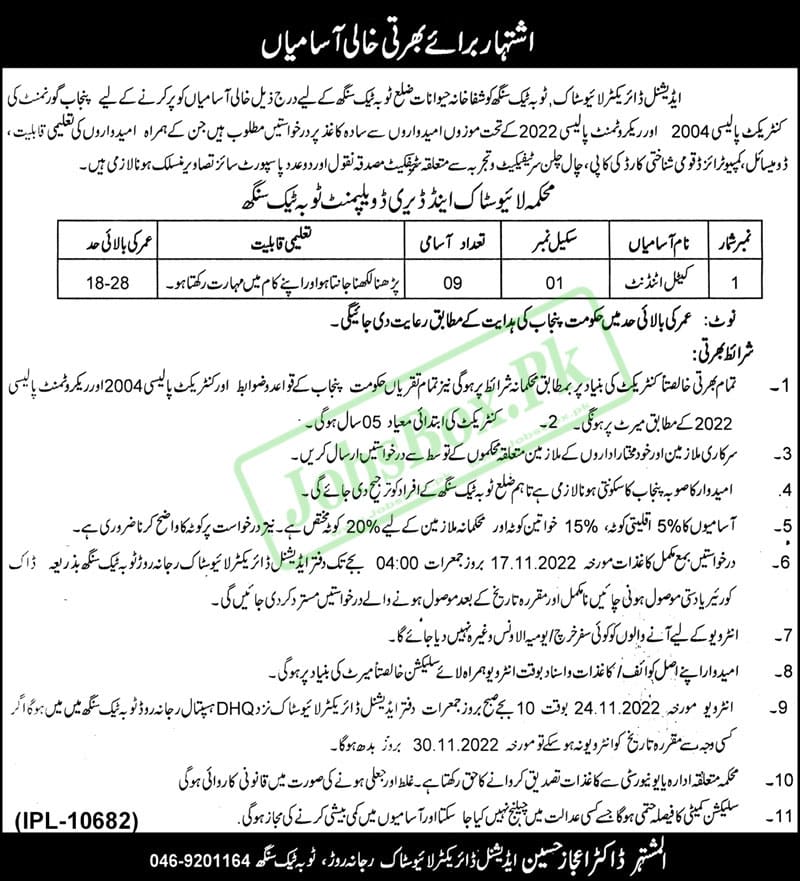 Additional Director Livestock Toba Tek Singh Jobs 2022