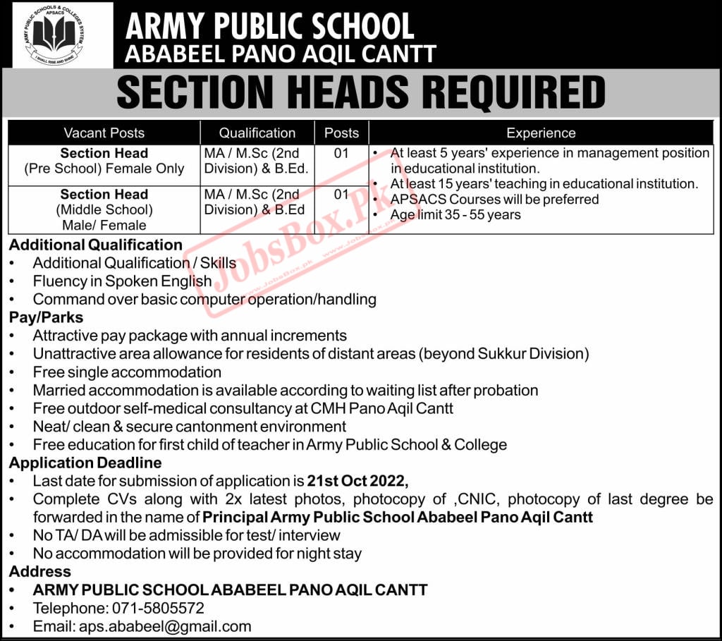 Army Public School APS Ababeel Pano Aqil Cantt Jobs 2022