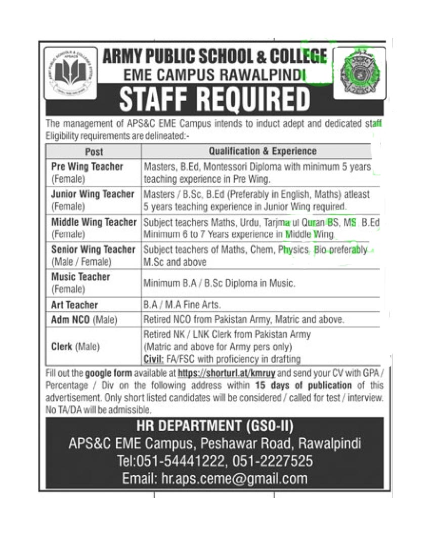 Army Public School & College EME Campus Rawalpindi Jobs 2022