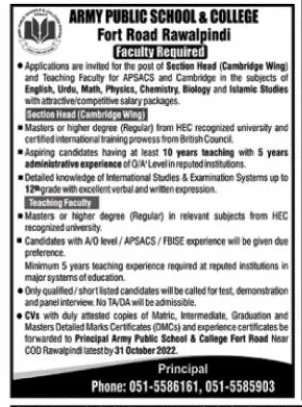 Army Public School and College Fort Road Rawalpindi Jobs October 2022