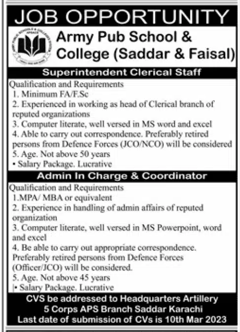 Army Public School and College Saddar Karachi Jobs 2023