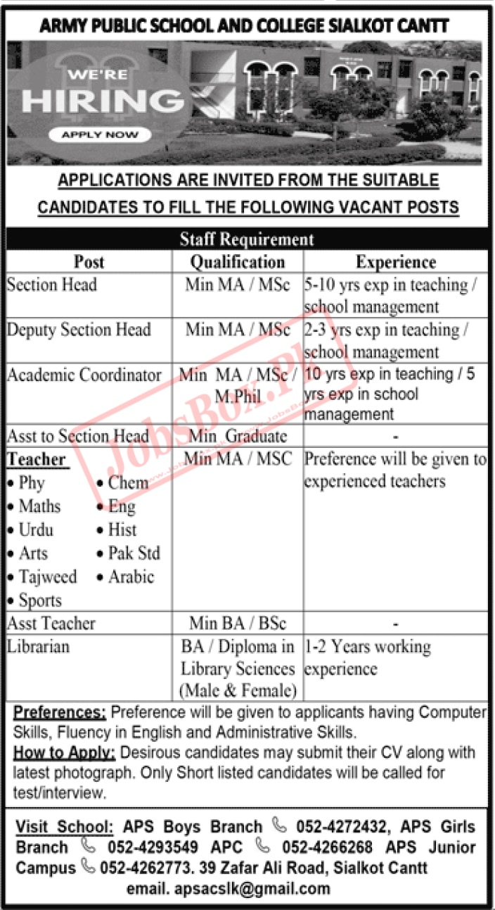 Army Public School and College Sialkot Cantt Jobs 2022
