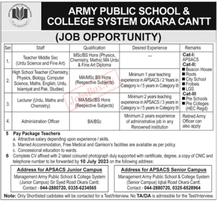 Army Public School and College System Okara Cantt Jobs 2023