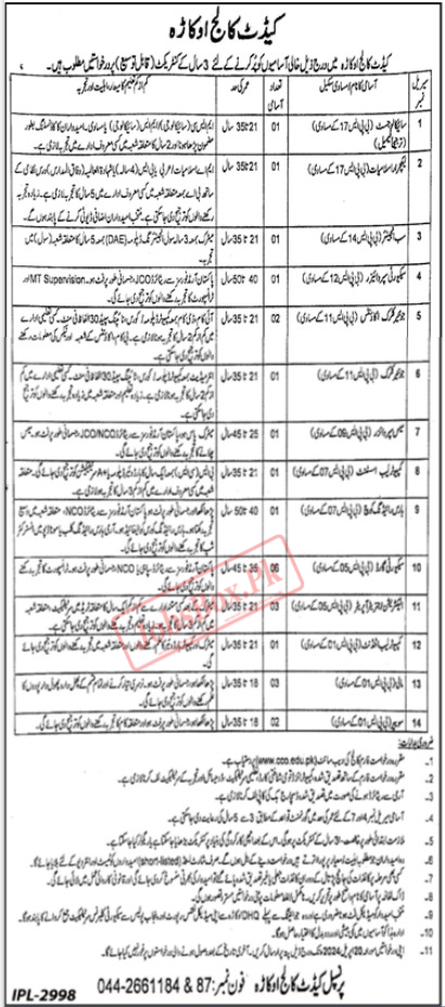 Cadet College Okara Jobs 2024