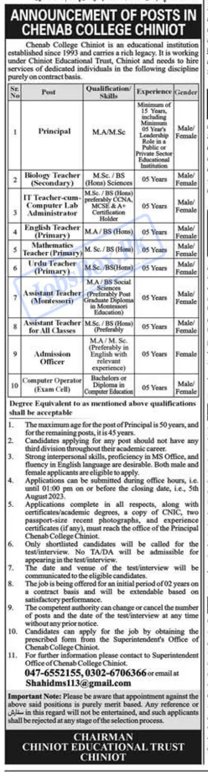 Chenab College Chiniot Jobs 2023 for Males and Females