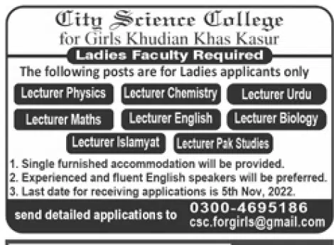 City Science College for Girls Khudian Khas Kasur Jobs 2022