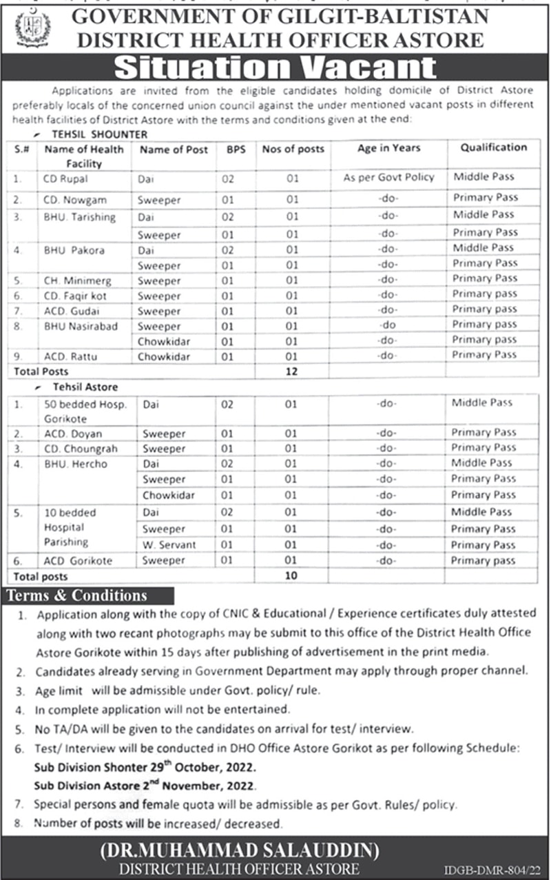 District Health Department Astore Jobs October 2022