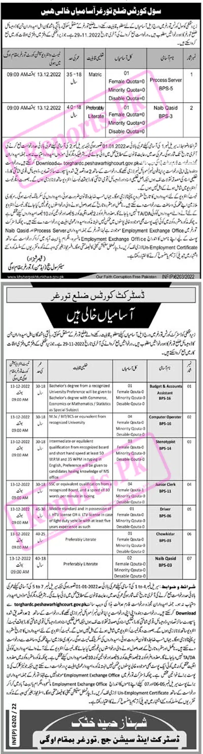 District and Session Courts Torghar Jobs 2022 - Download Form