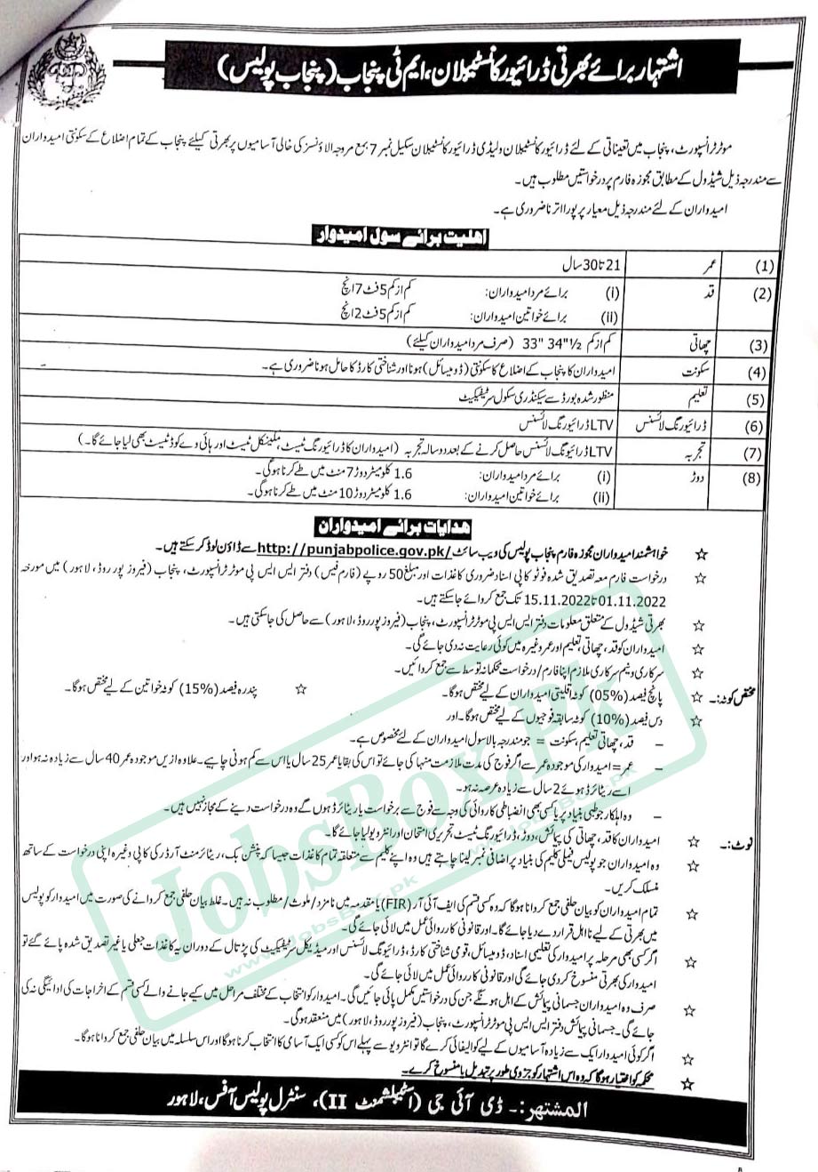 Drivers Constables and Lady Driver Constables Jobs at Punjab Police