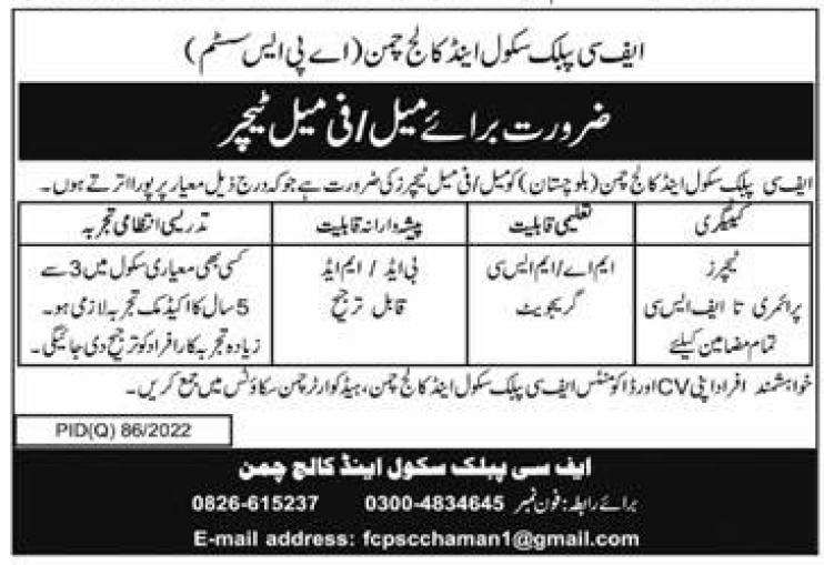 FC Public School and College Chaman Jobs 2022