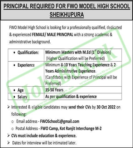 FWO Model High School Sheikhupura Jobs 2022