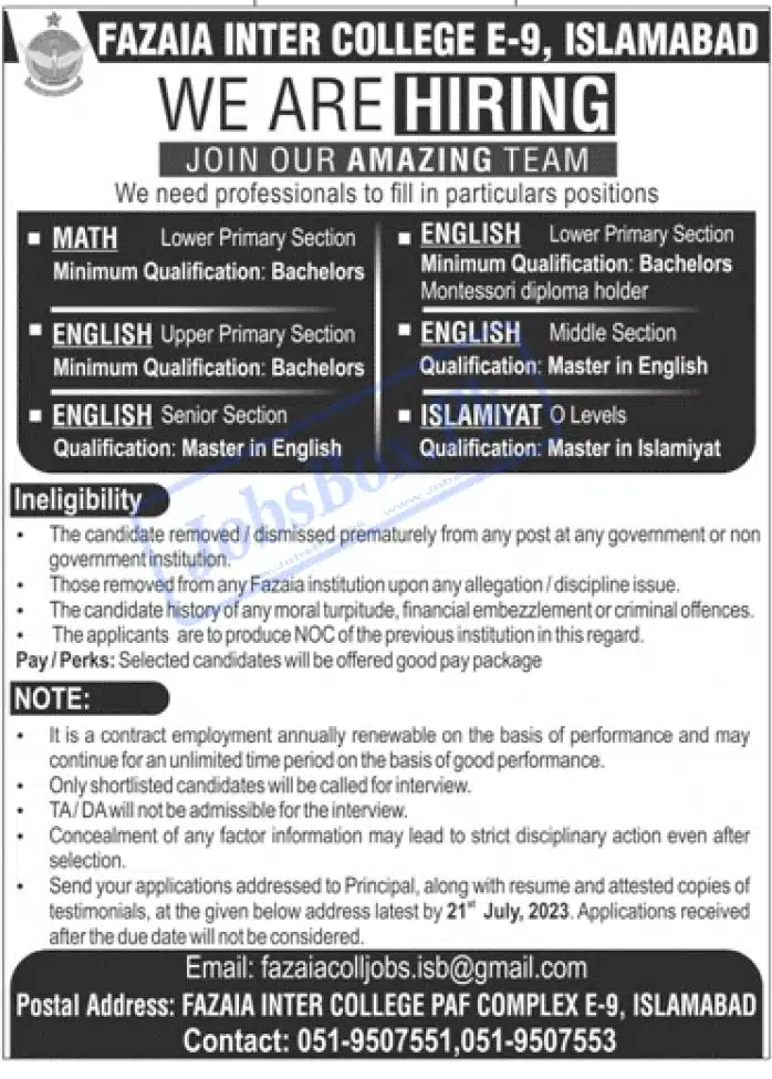 Fazaia Inter College Islamabad Jobs 2023 - FIC PAF Complex E-9 Islamabad Jobs