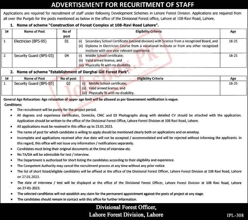 Forest Division Lahore Jobs 2023 - Divisional Forest Office Lahore