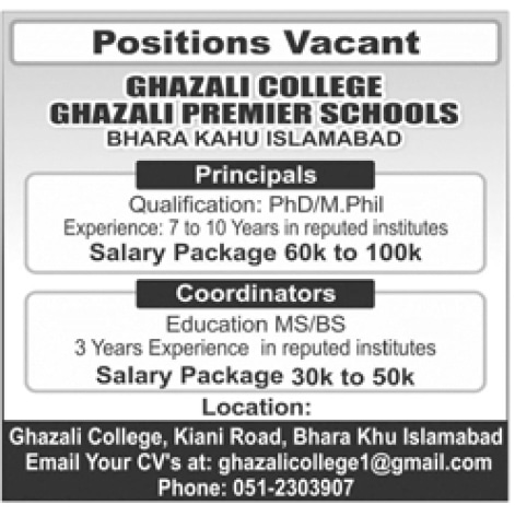 Ghazali College Bhara Khu Islamabad Jobs 2022