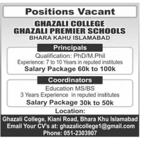 Ghazali College Bhara Khu Islamabad Jobs 2022