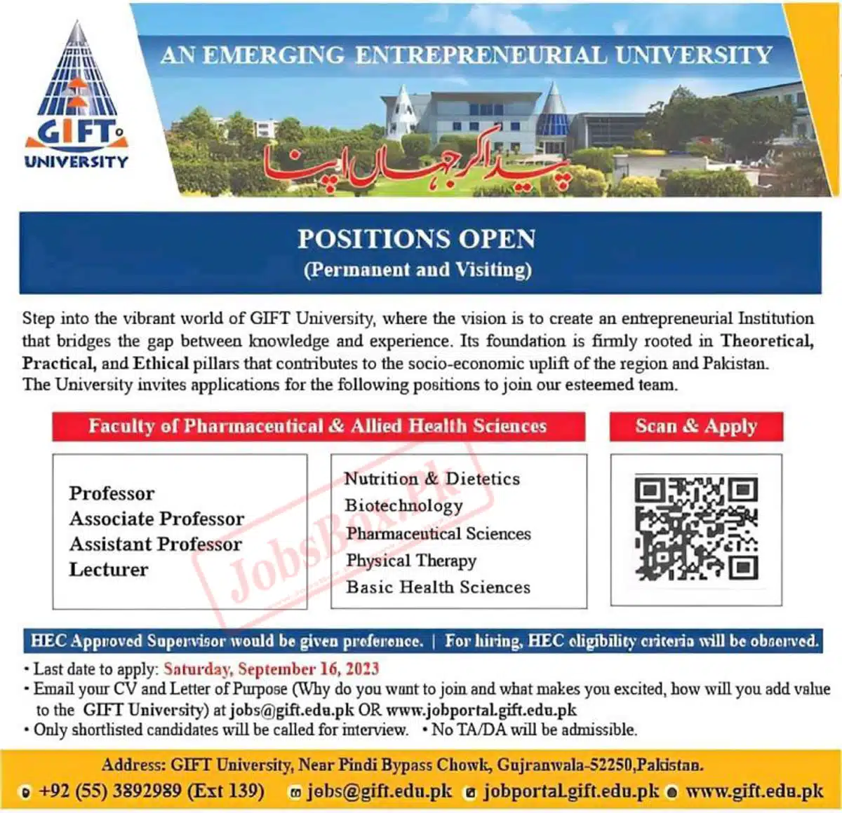 Gift University Gujranwala Jobs 2023 Current Posts