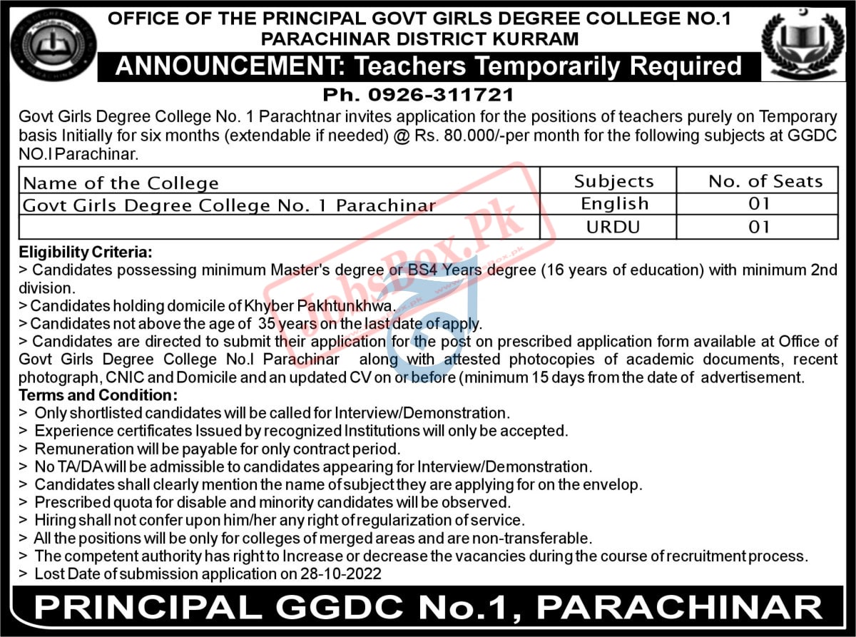 Government Girls Degree College No 1 Parachinar Kurram Jobs 2022