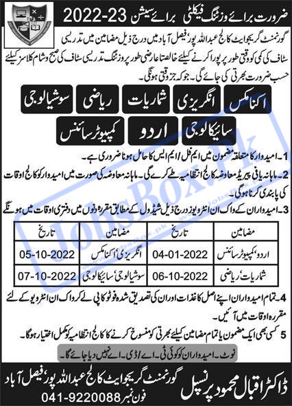 Government Graduate College Abdullahpur Faisalabad Jobs 2022