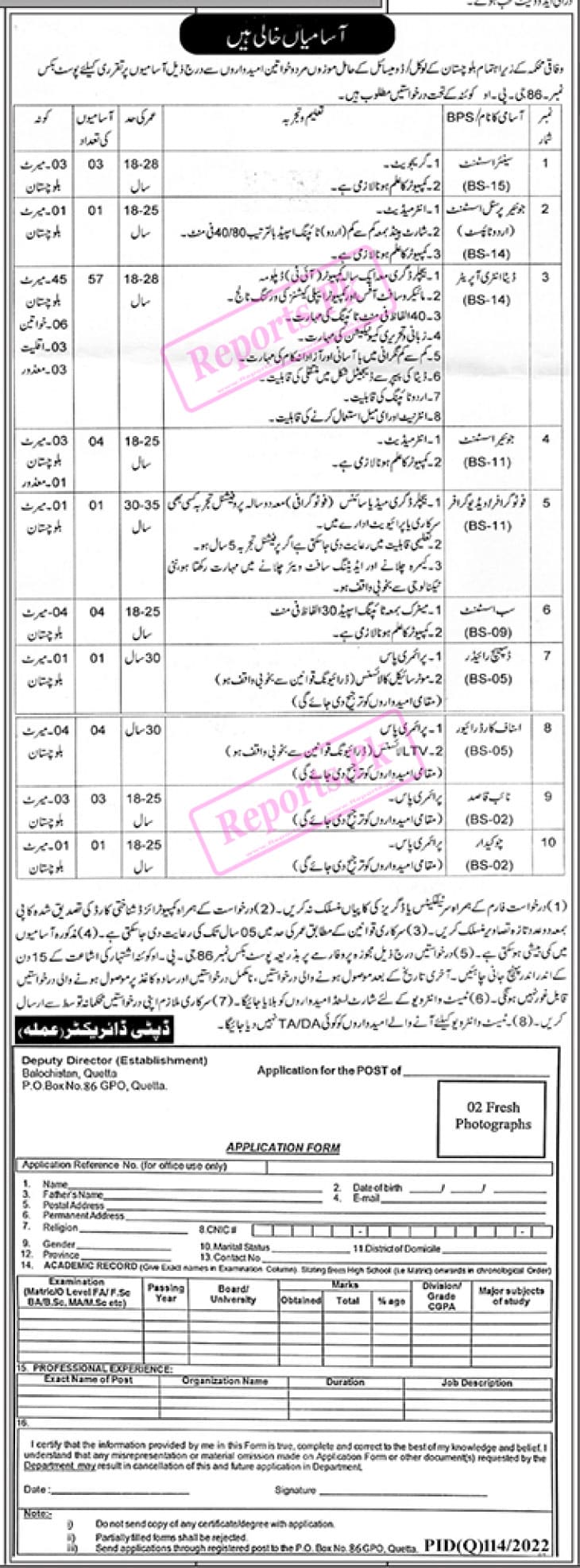 Government Jobs in Balochistan - Post Box No. 86 GPO Quetta Jobs 2022