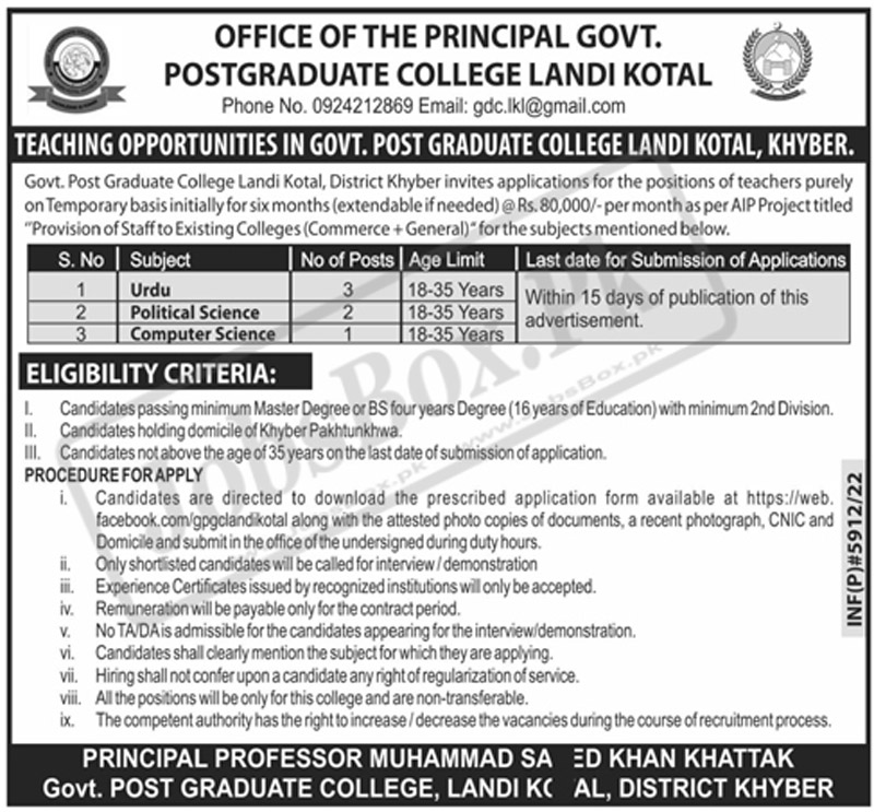 Government Postgraduate College Landi Kotal Jobs 2022