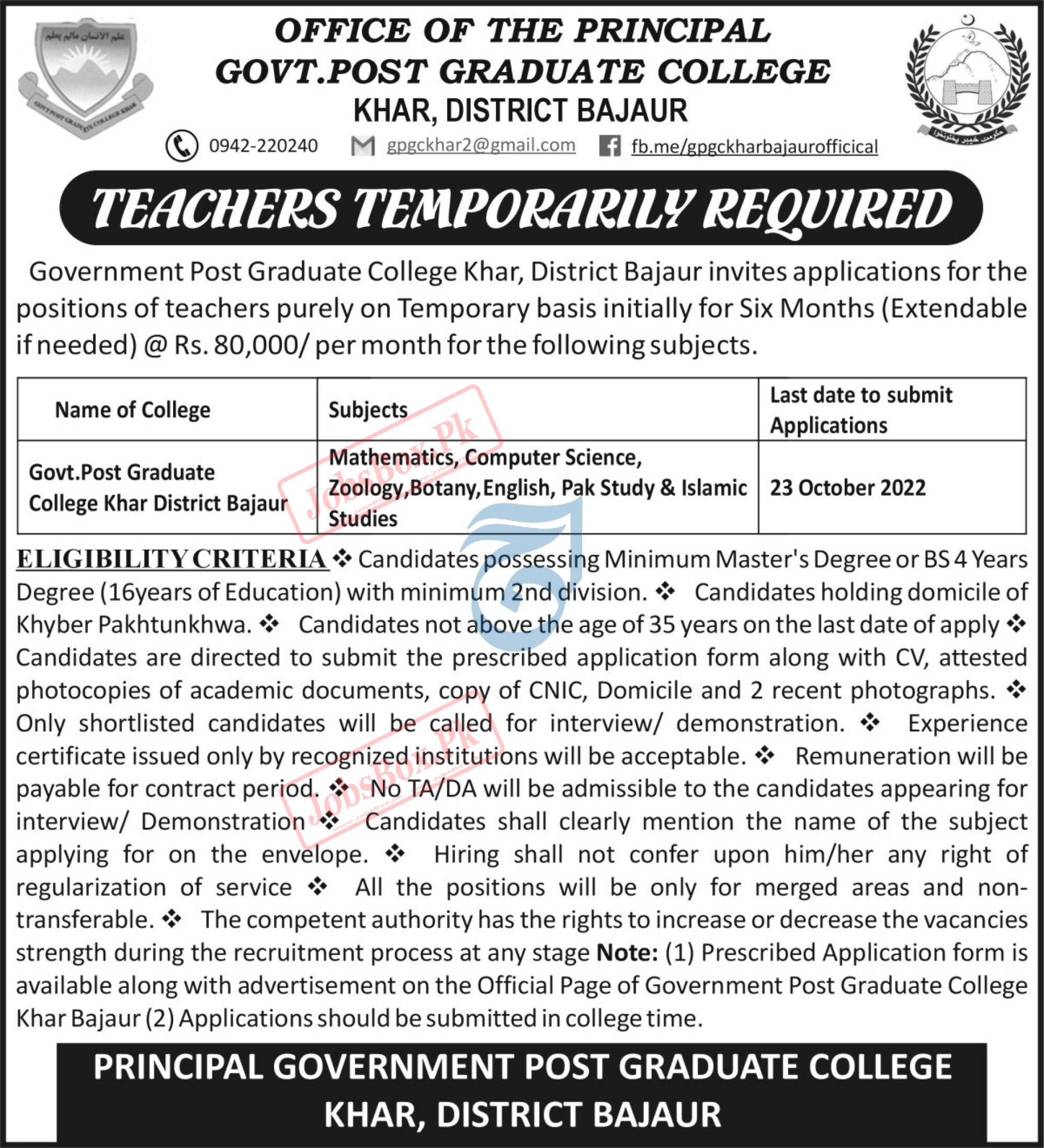 Govt Post Graduate College Khar Bajaur Jobs 2022 for KPK Residents