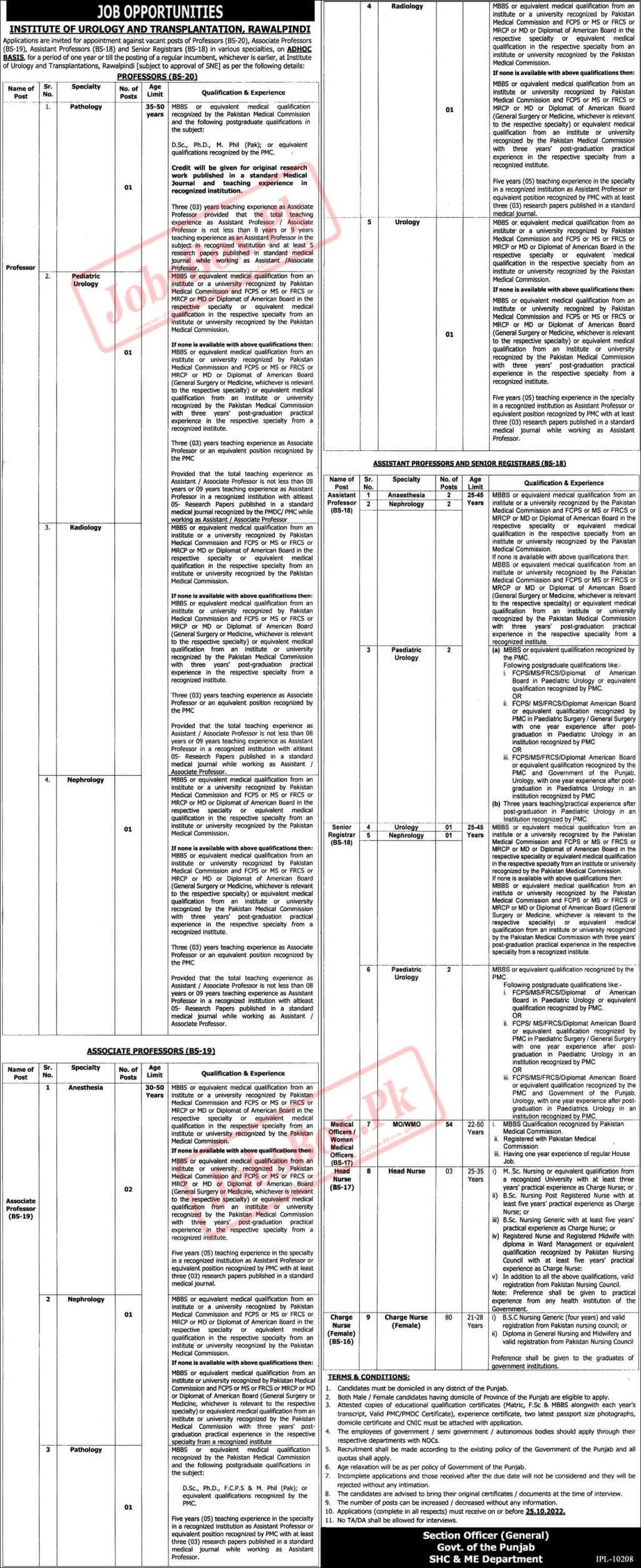 Institute of Urology and Transplantation Rawalpindi Jobs October 2022