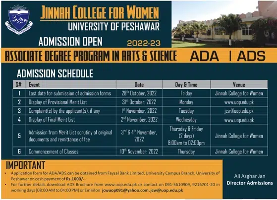 Jinnah College for Women Admissions 2022