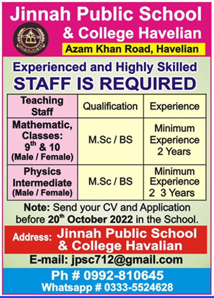 Jinnah Public School and College Havelian Jobs October 2022