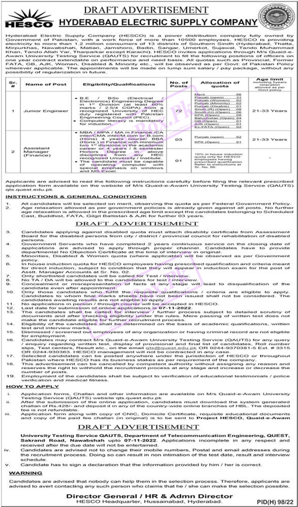 Junior Engineer Jobs 2022 at Hyderabad Electric Supply Company (HESCO)