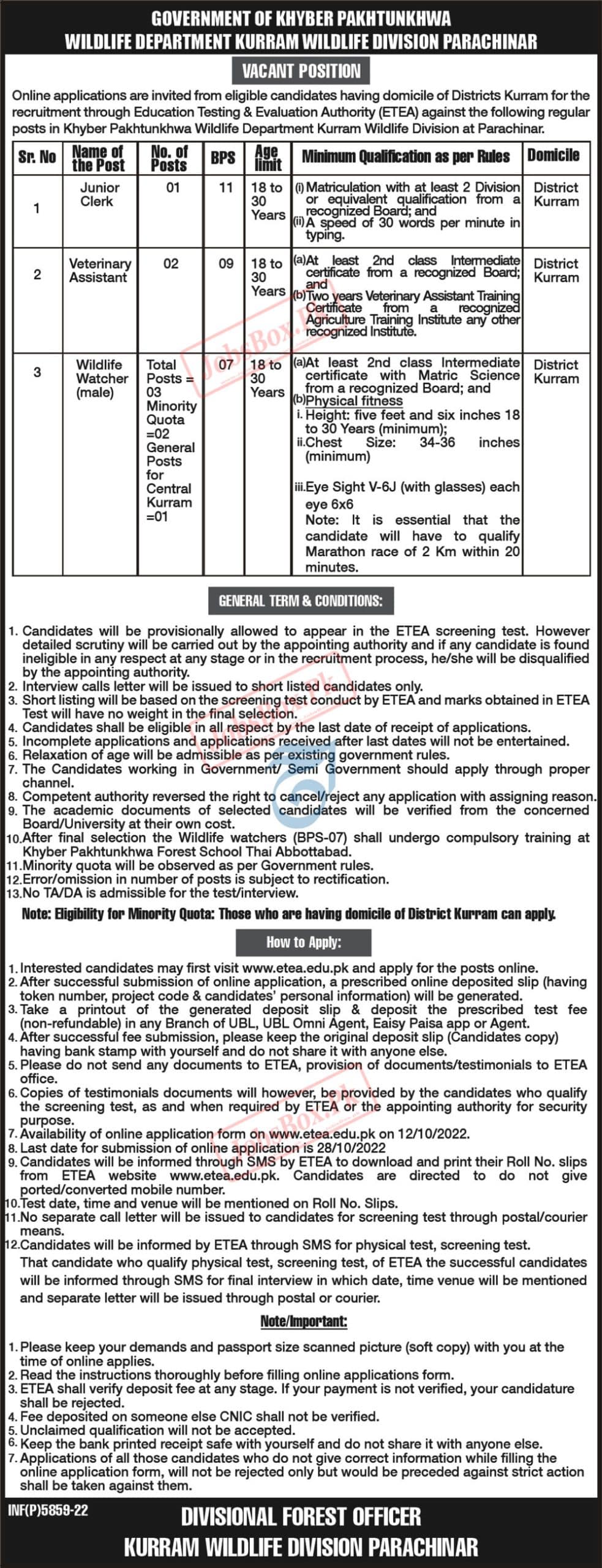 Kurram Wildlife Division at Parachinar Jobs 2022