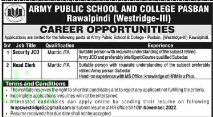 Latest Army Public School and College Rawalpindi Pasban Campus Westridge III Jobs 2022