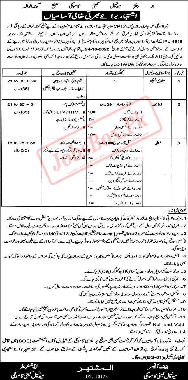 Municipal Committee Kamoke and Wazirabad District Gujranwala Jobs 2022 Latest