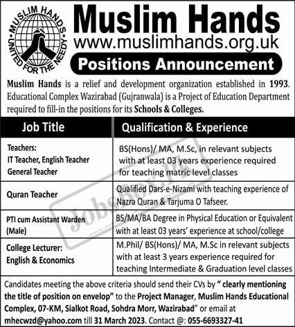 Muslim Hands Schools & Colleges Jobs Wazirabad Jobs 2023