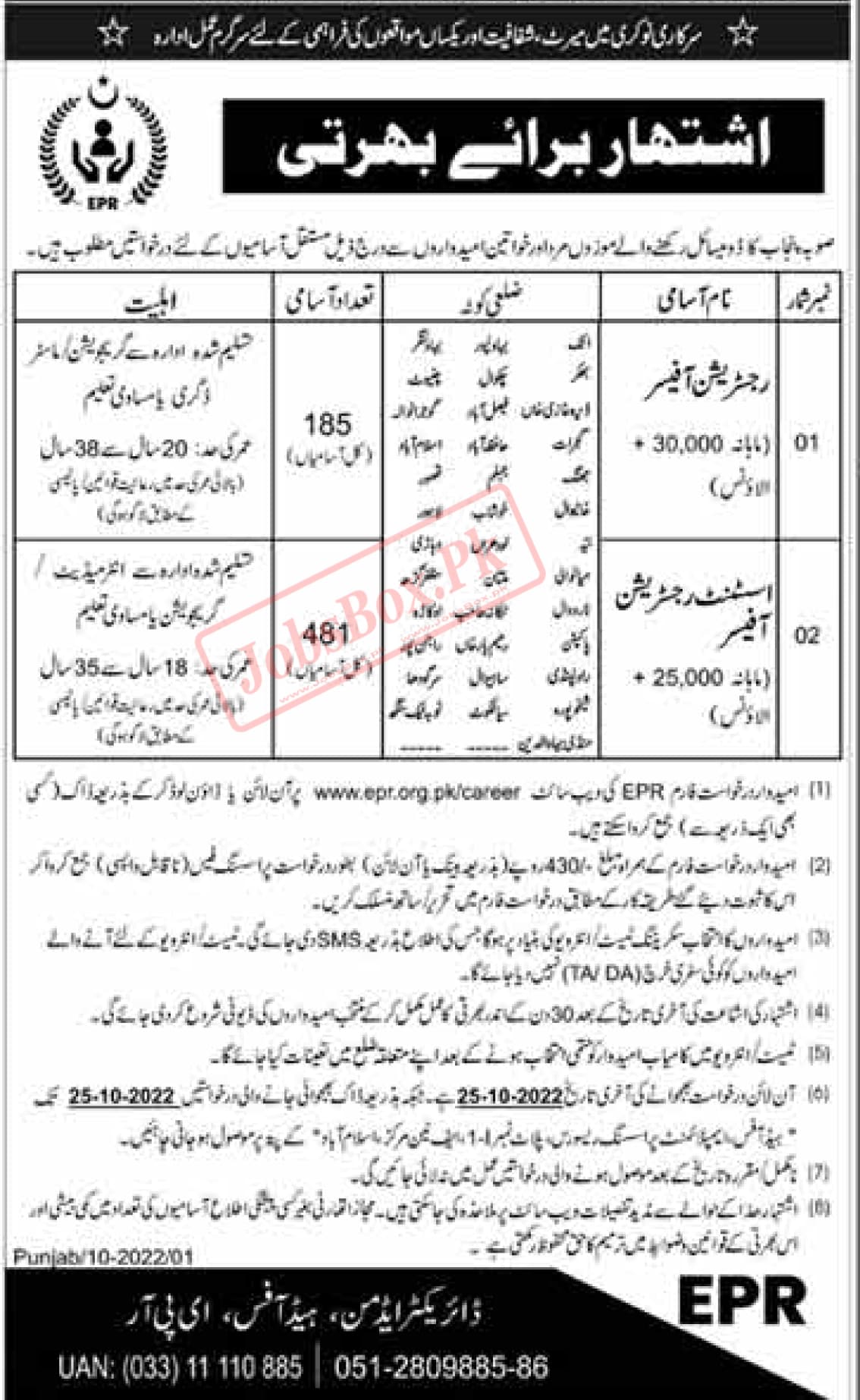 New EPR Punjab Jobs Announcement 2022 - Apply through www.epr.org.pk