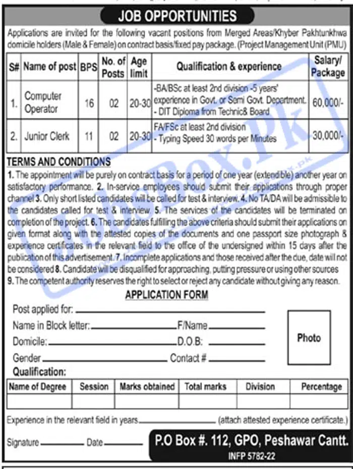 PO Box 112 GPO Peshawar Cantt Government Jobs 2022