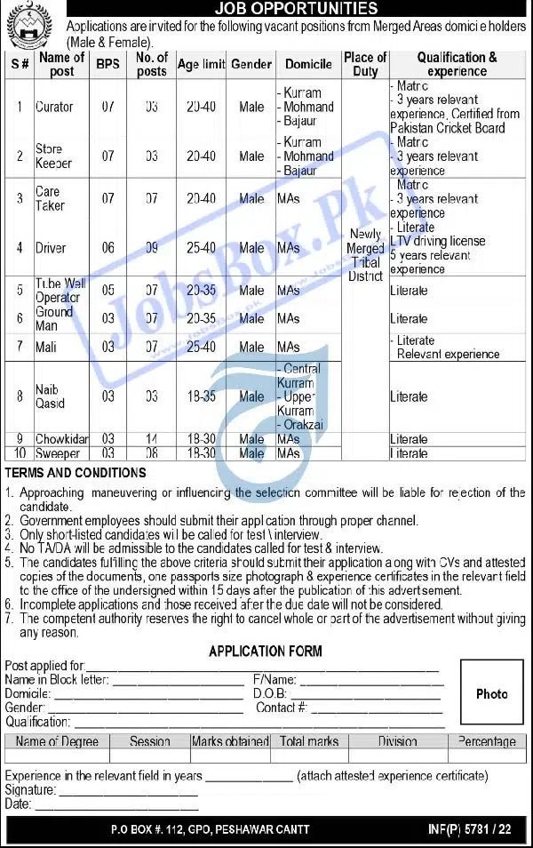 PO Box 112 GPO Peshawar Cantt Jobs 2022