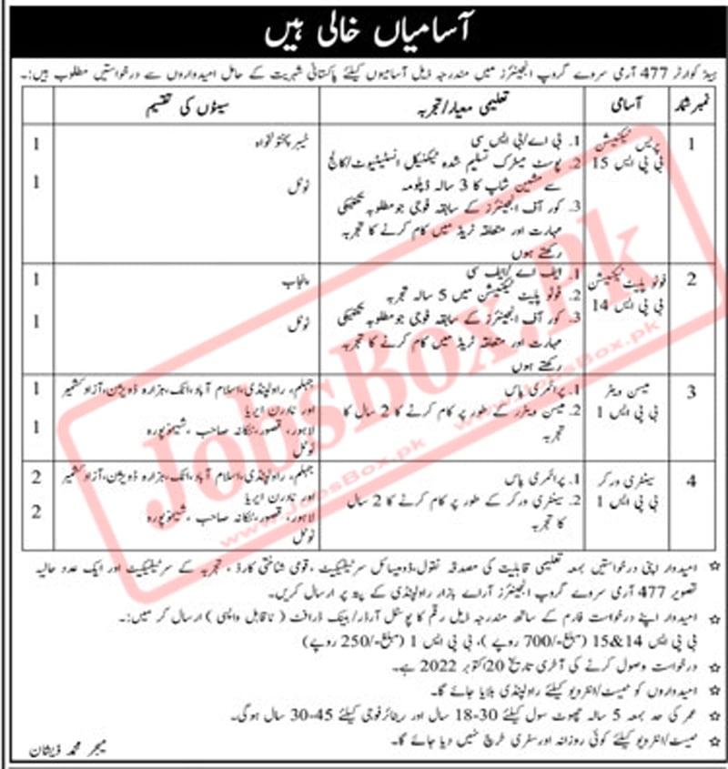 Pak Army Headquarters 477 Survey Group Engineers Rawalpindi Jobs 2022